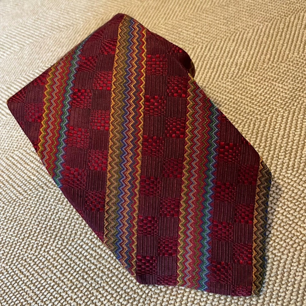 Missoni Cravatte Tie Mens Burgundy Zig Zag Silk Geometric Italy Retro Wedding